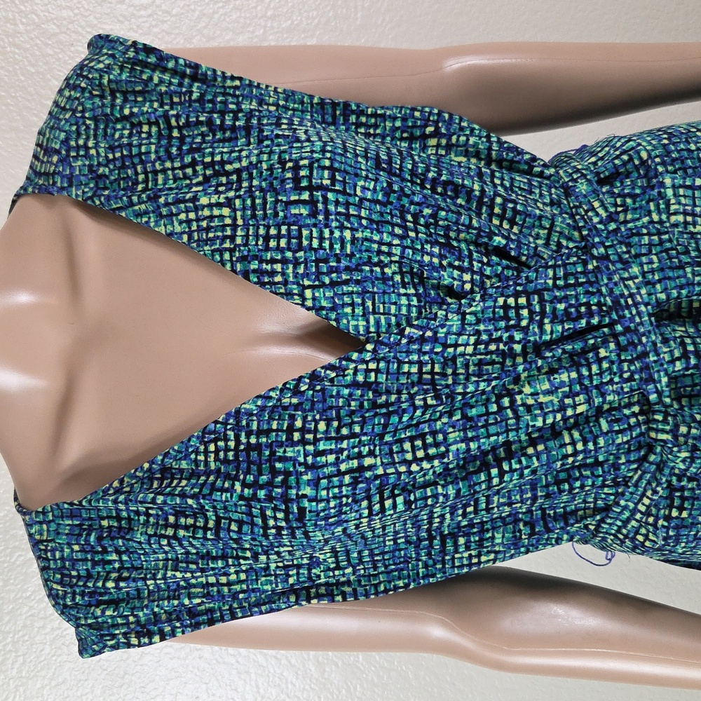 Apt 9 Blue, Green, & Black Geometric Faux Wrap Dress - Picture 2 of 8